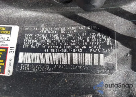 2009 Toyota Camry Le from USA, damaged, VIN 4T1BE46K59U349683